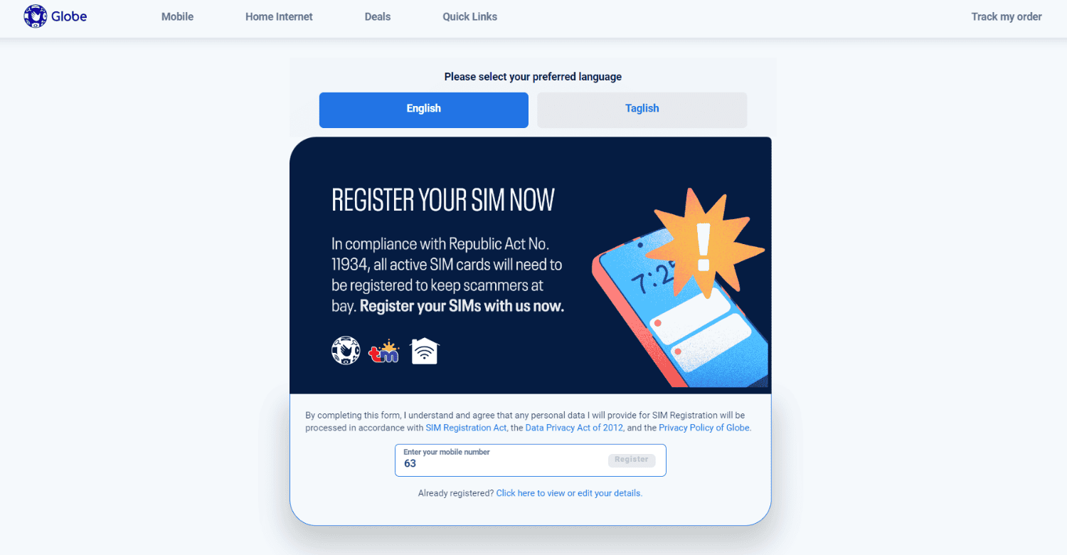 TM Sim Card Registration Online link